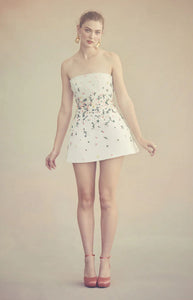 Strapless Ellia Dress in White Organza with Meadow Embellishment