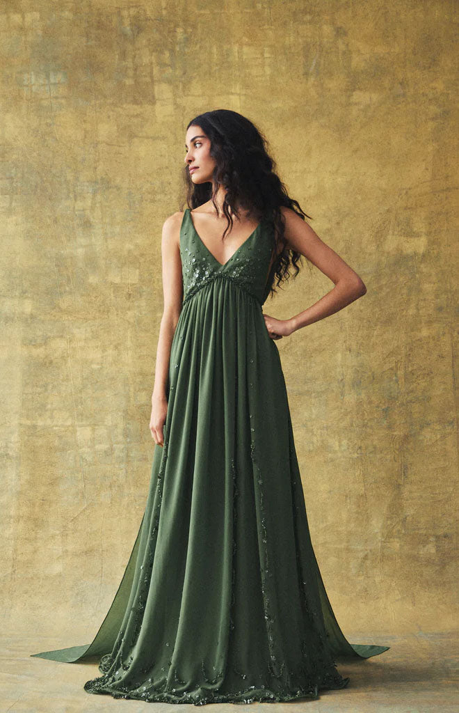 Sunny Gown in Pine Georgette with Scallop Floral Embellishment
