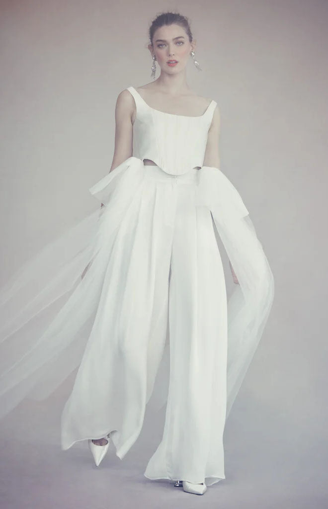 Felix Trouser in Ivory Silk Crepe with Chiffon Overlay