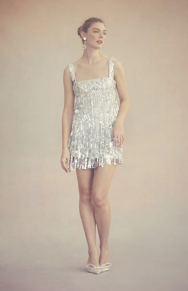 Elsa Dress in Ivory Silk Wool with Silver Fringe