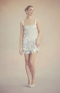Elsa Dress in Ivory Silk Wool with Silver Fringe