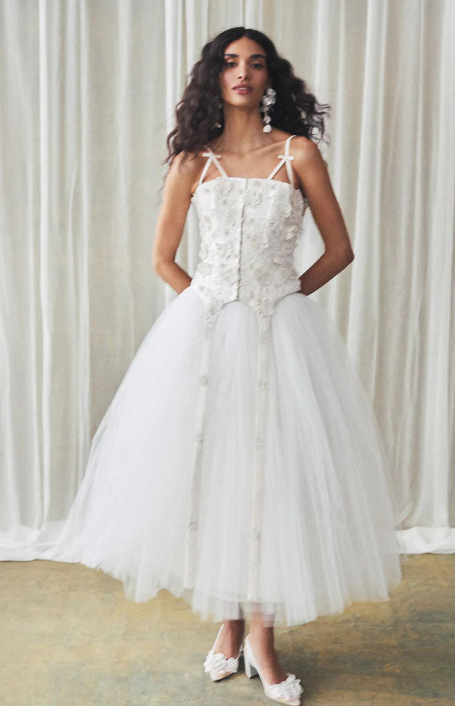 Selina Corset Top in Ivory Silk Wool with Leaf Cluster Embellishment