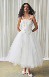 Selina Corset Top in Ivory Silk Wool with Leaf Cluster Embellishment