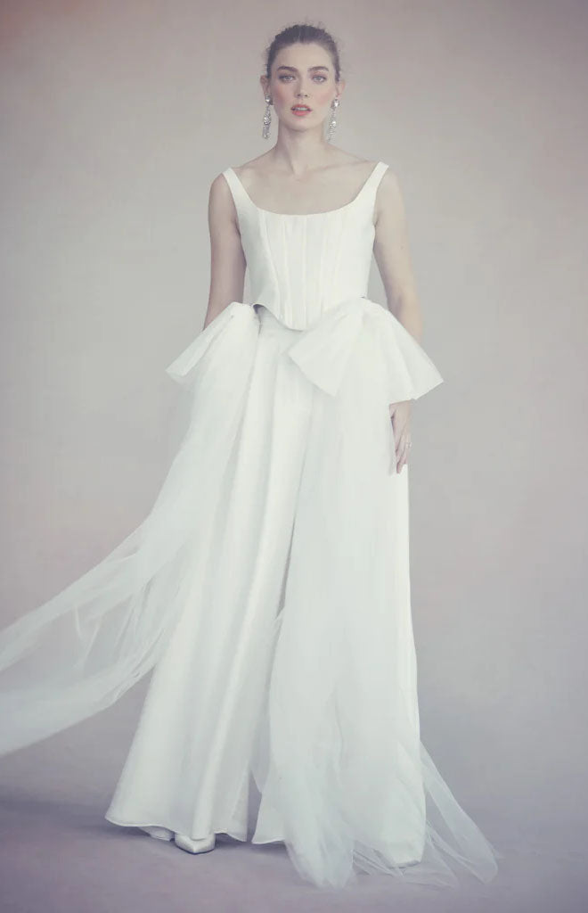 Bonnie Corset Top in Ivory Silk Wool with Tulle Bows