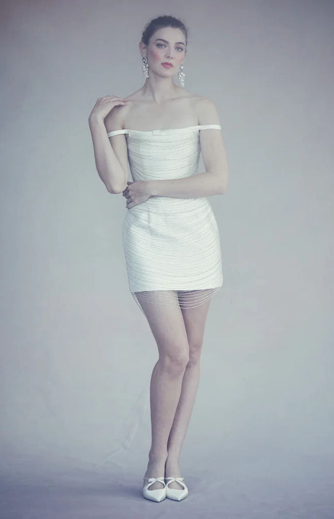Cosette Dress in Ivory Silk Wool with Beaded Fringe