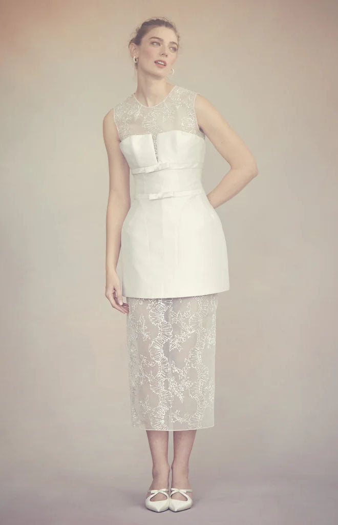 Effie Pencil Skirt in Ivory Organza with Ribbon Embroidery