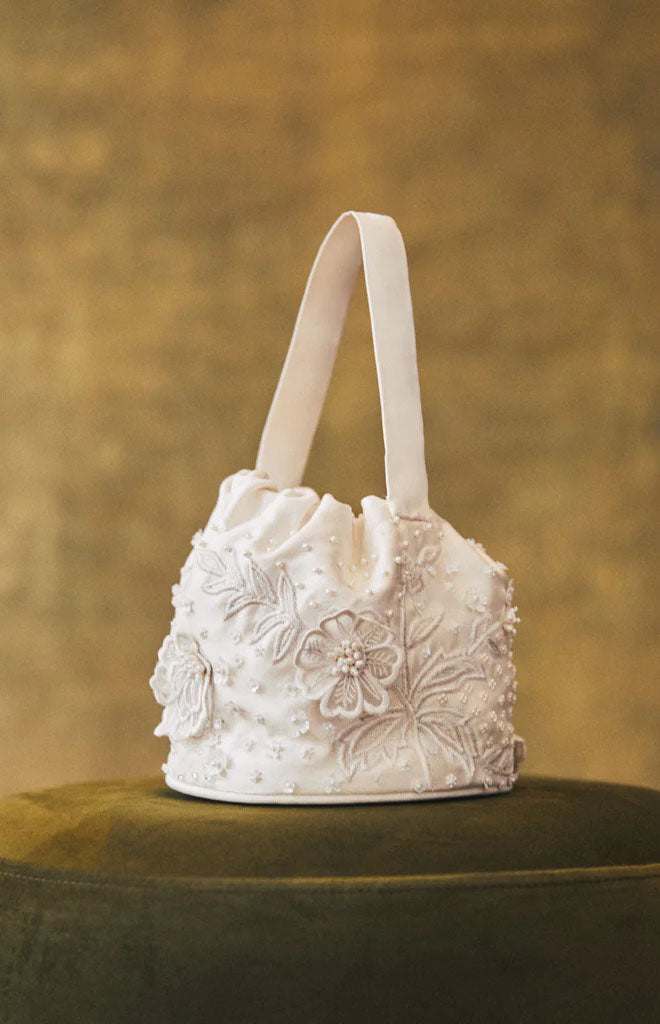 Piper Bucket Bag in Ivory with 3D Lace Embellishment