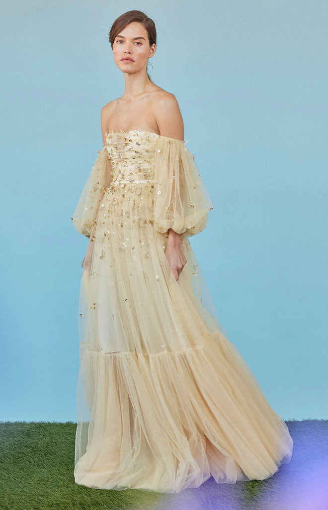 Priyanka Gown in Gold Tulle with Sporadic Sequins