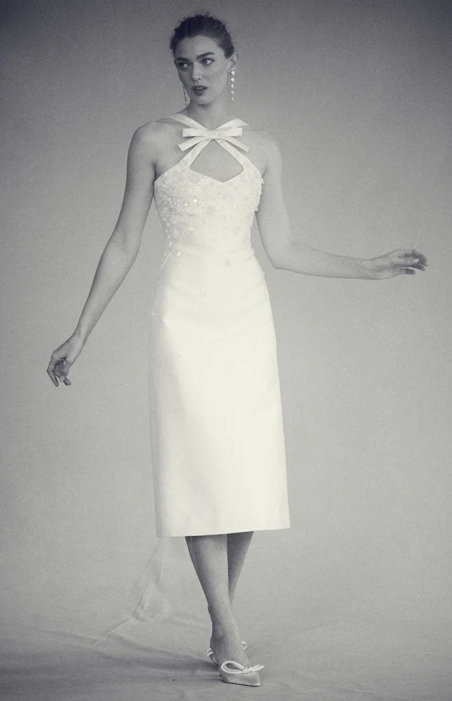 OTM Exclusive: Delphine Dress in Ivory Silk Wool with Ivory Meadow Embellishment