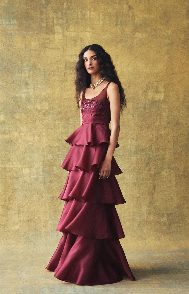 Grayal Gown in Plum Satin Face Organza with Crystal Floral Embellishment