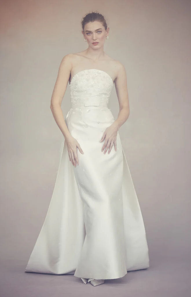 Gabi Gown in Ivory Silk Wool with Ivory Meadow Embellishment