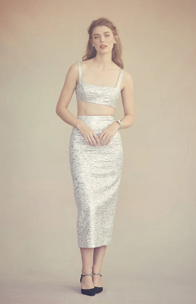 Effie Pencil Skirt in Silver Brocade