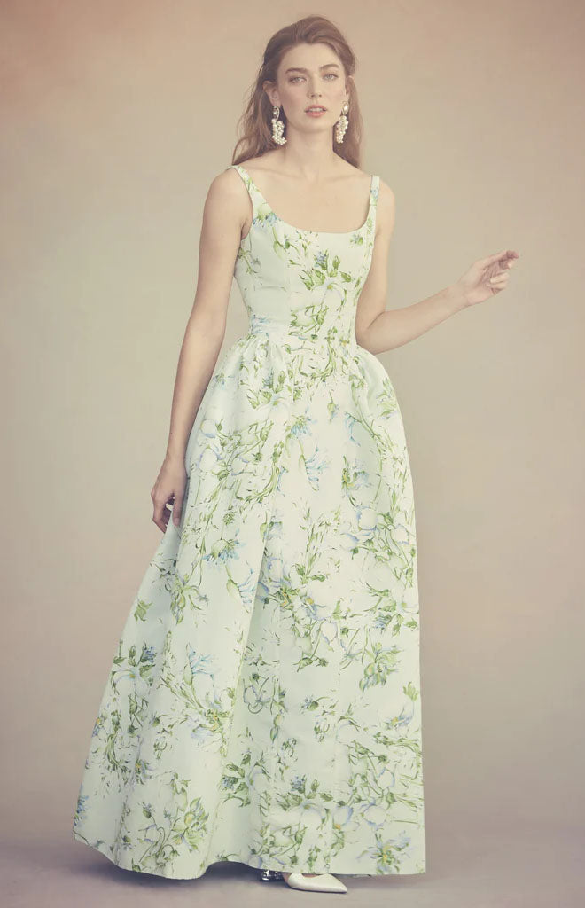 Antoinette Dress in Celadon Bloom Silk Faille