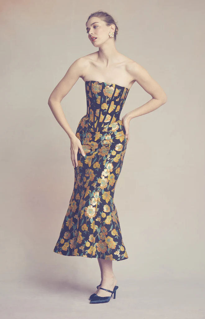 Claude Corset Top in Metallic Citrine Brocade