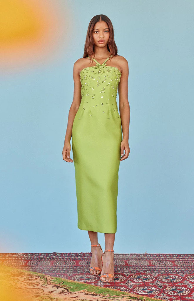 Sofia Dress in Lime Silk Wool with Sporadic Sequins
