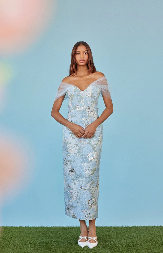 Sylvie Dress in Light Blue Floral Brocade