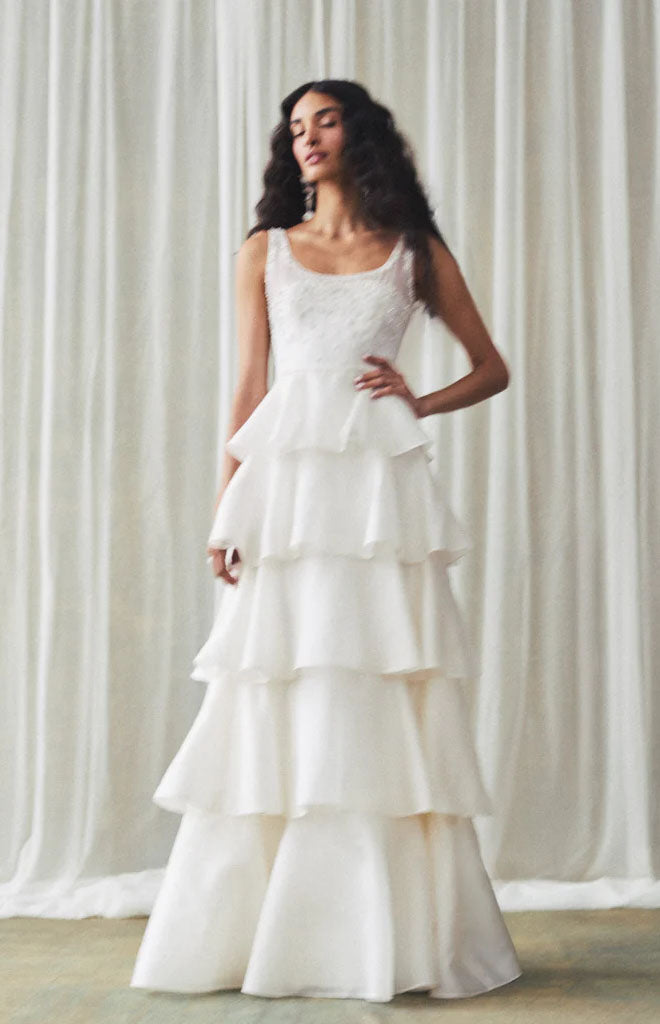 Grayal Gown in Ivory Satin Face Organza with Crystal Floral Embellishment