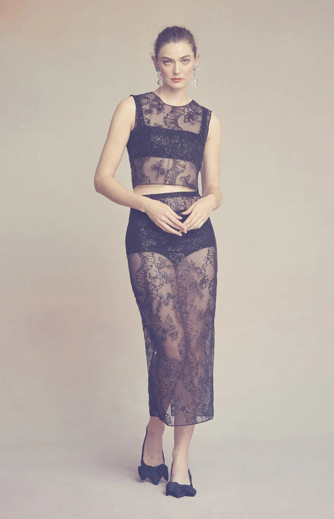 Effie Pencil Skirt in Black Organza with Ribbon Embroidery