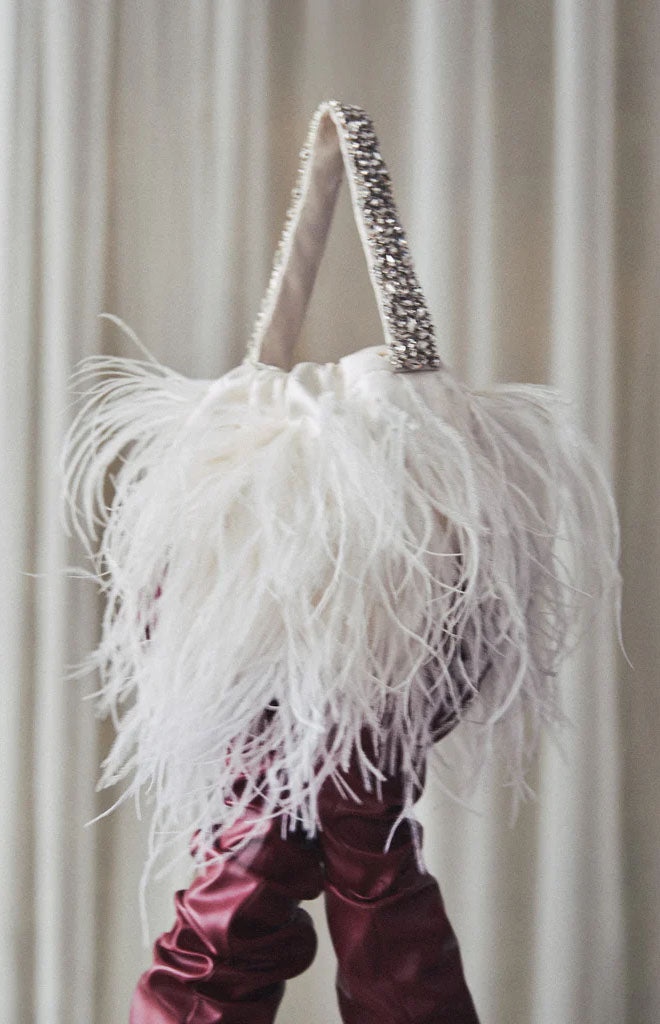 Piper Bucket Bag in Ivory with Feather Embellishment