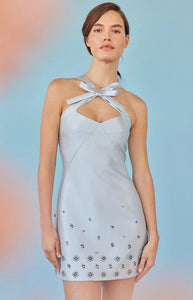 Devi Dress in Ice Blue Silk Wool with Crystal Clusters
