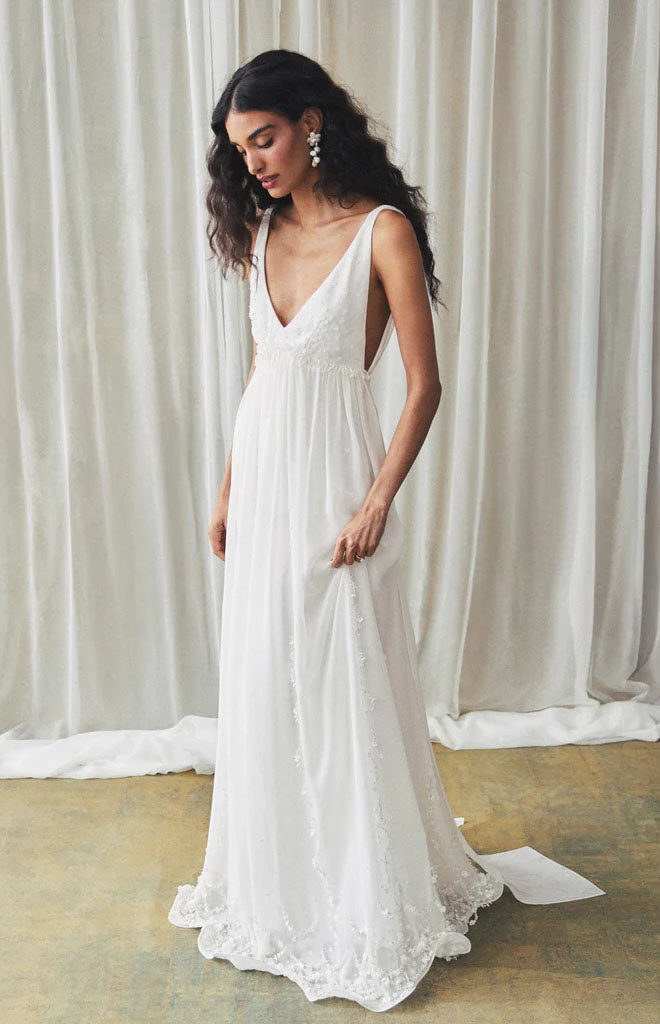 Sunny Gown in Ivory Georgette with Scallop Floral Embellishment