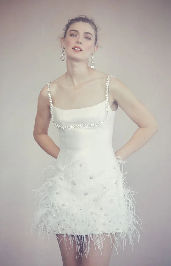 OTM Exclusive: Stella Dress in Ivory Silk Wool with Feathers
