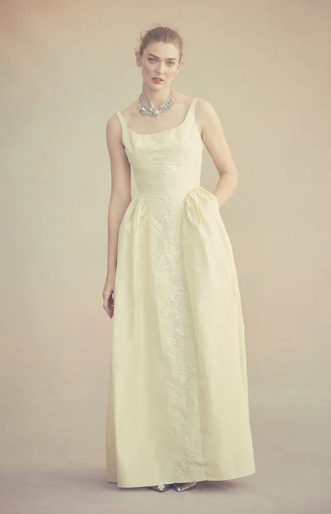 Antoinette Dress in Butter Yellow Taffeta with Ribbon Embroidery