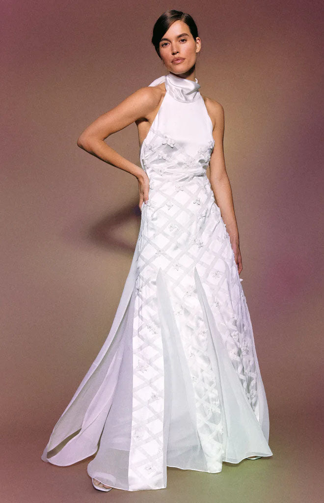 Ivy Dress in Ivory Satin with Lattice Embellishment