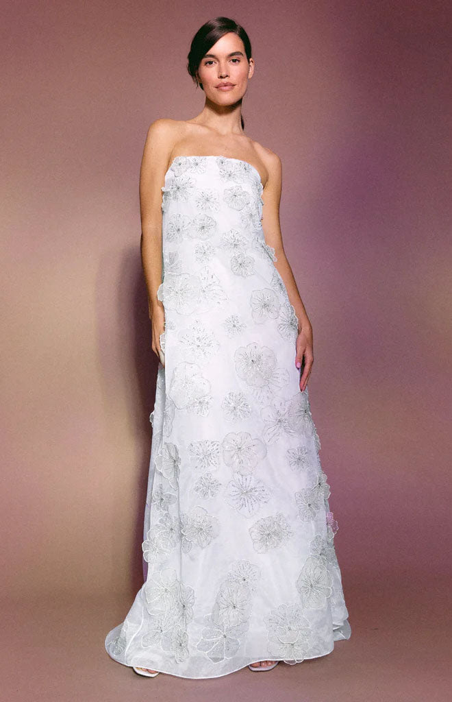 Skye Gown in White Organza with 3D Appliqué