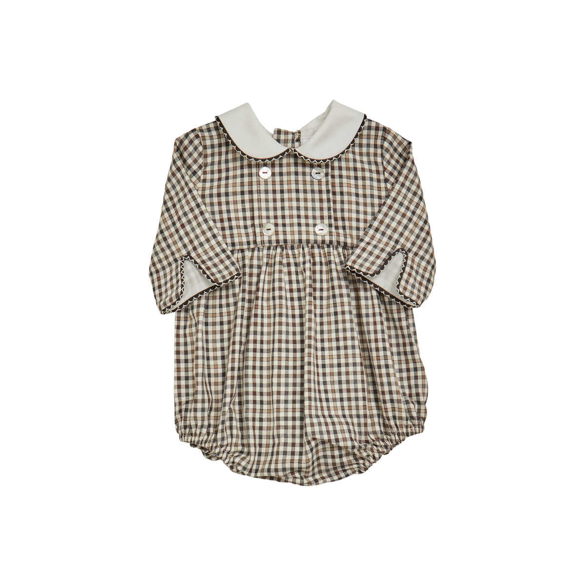 Felicidad Romper in Brown/Black Check Twill