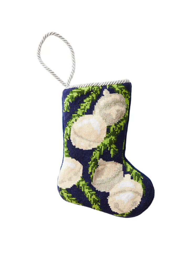 Front view of Jingle Bells stocking, hand-stitched needlepoint bells and green garland on navy, white braided loop