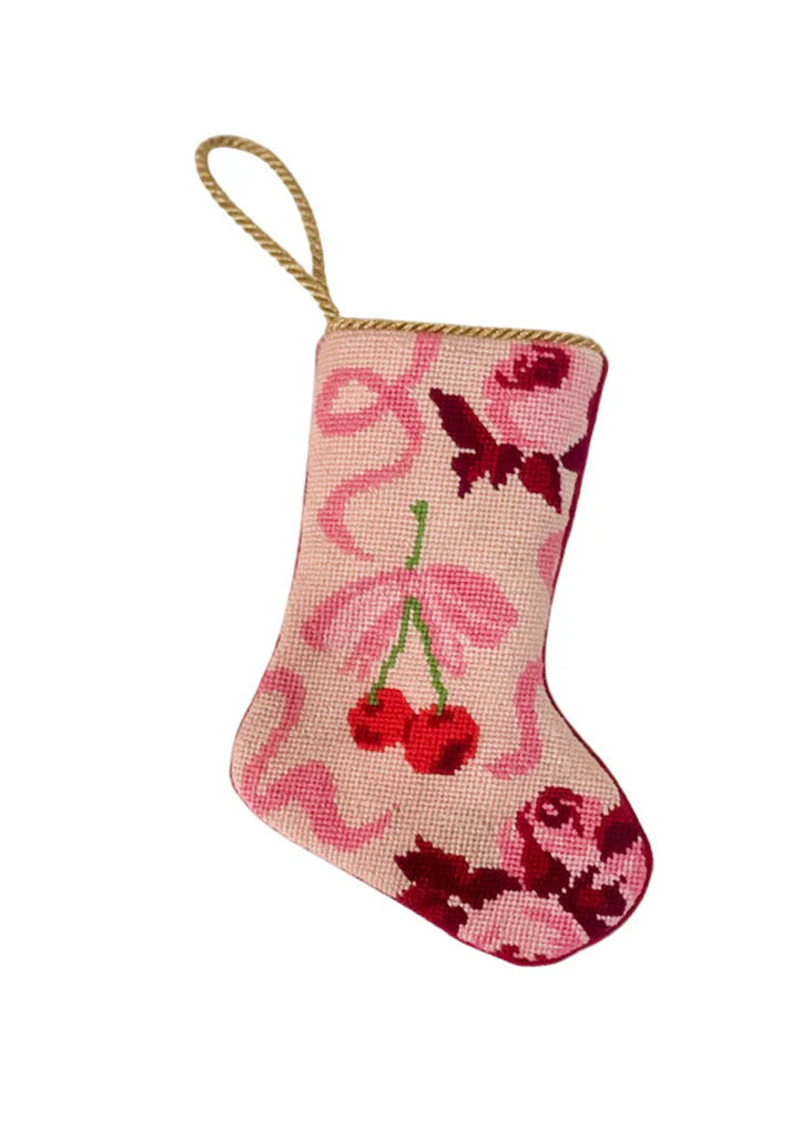 Front view of pink With Cherries on Top Bauble Stocking with hand-stitched cherry needlepoint on white background