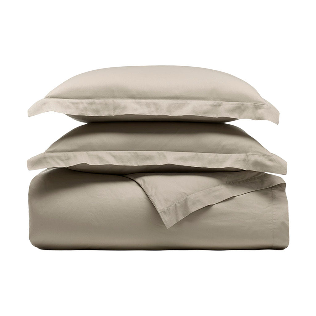 Front view of Percale Hemmed Duvet Set in Oak showcasing hemmed edges and two pillow shams on a white background