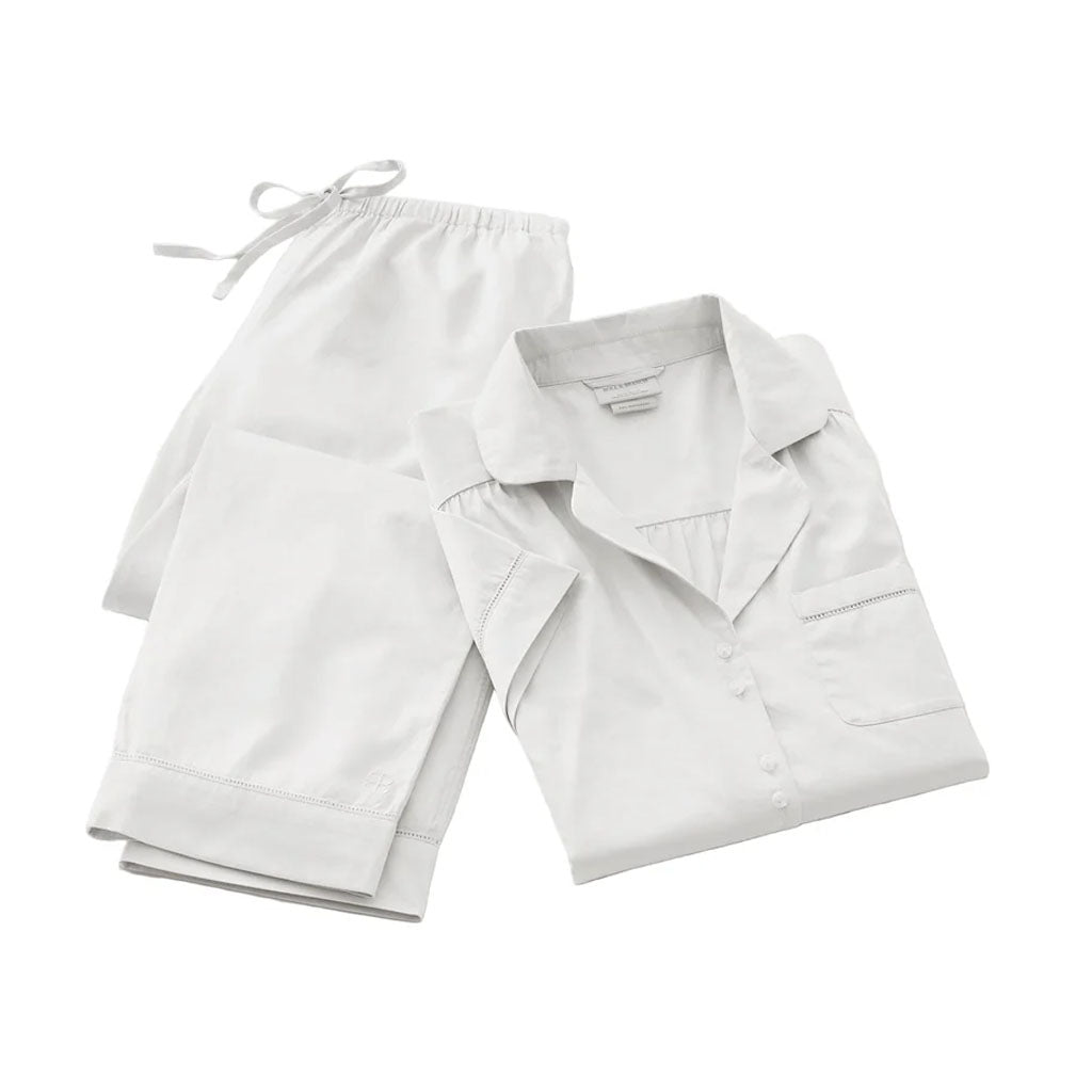 Top view of Women’s Signature pajama set in white showcasing button front, drawstring pants, and hemstitching