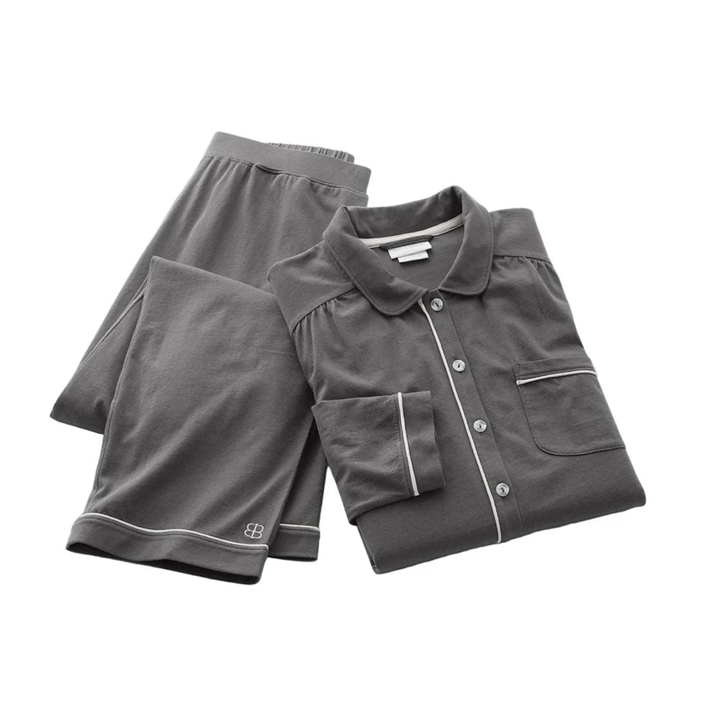 Overhead view of Women’s Soft Knit Long Sleeve & Pants Pajama Set in Night with button front, contrast piping, and pockets