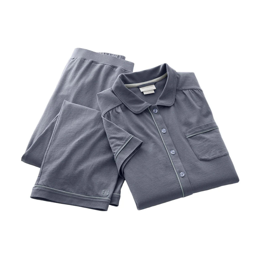 Women’s Soft Knit Short Sleeve & Pants Pajama Set in Mineral, showing button-down shirt, pockets, and contrast piping