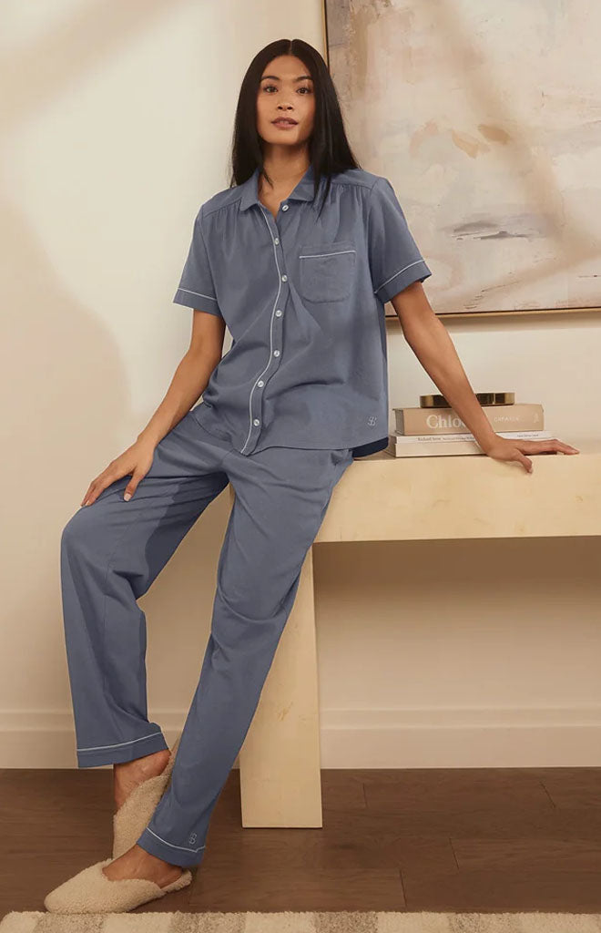 Front view of Women’s Soft Knit Short Sleeve & Pants Pajama Set in Mineral showing relaxed fit and contrast piping
