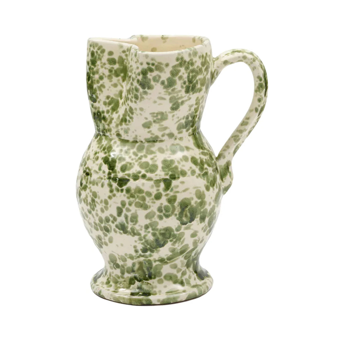 Front view of Speckled Pitcher in Green and White showcasing hand-painted green speckles on ceramic with a white background