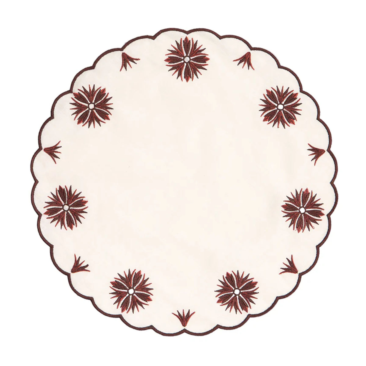 Top view of Botanica Embroidered Round Placemat showcasing burgundy floral embroidery and scalloped edges on a white background
