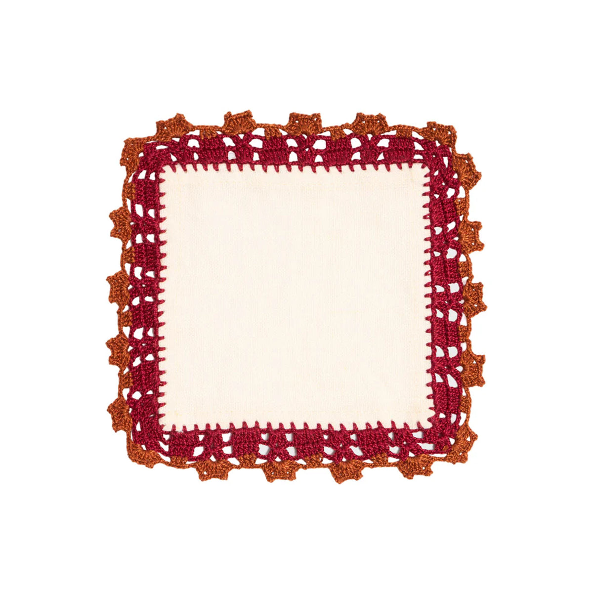 Top view of Crochet Embellished Cocktail Napkin showcasing cream fabric and burgundy and brown hand-crocheted edging on white