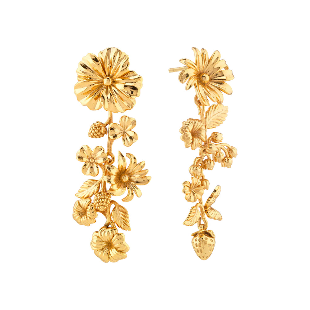 Front view of Meadow Bouquet mismatched earrings showing asymmetrical gold floral and berry dangles on white background