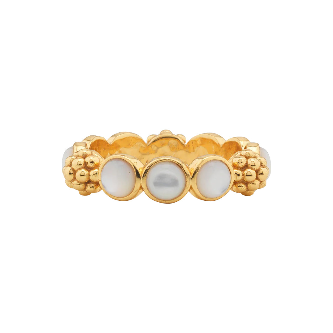 Front view of Berry Gem Ring in Mother of Pearl showcasing three round mother-of-pearl stones and sculpted gold berry accents on white background