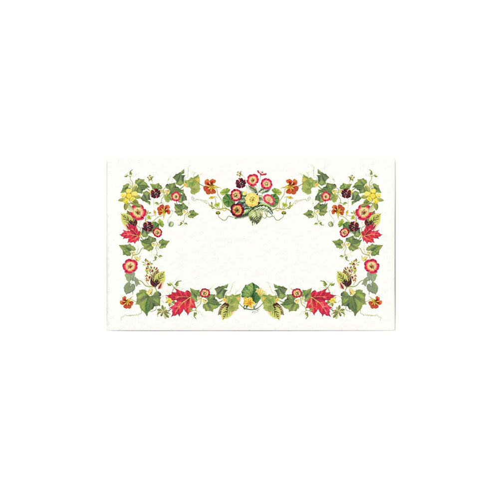 Flat top-down view of L’Automne place card showcasing an autumn floral border with a blank cream center on a white background