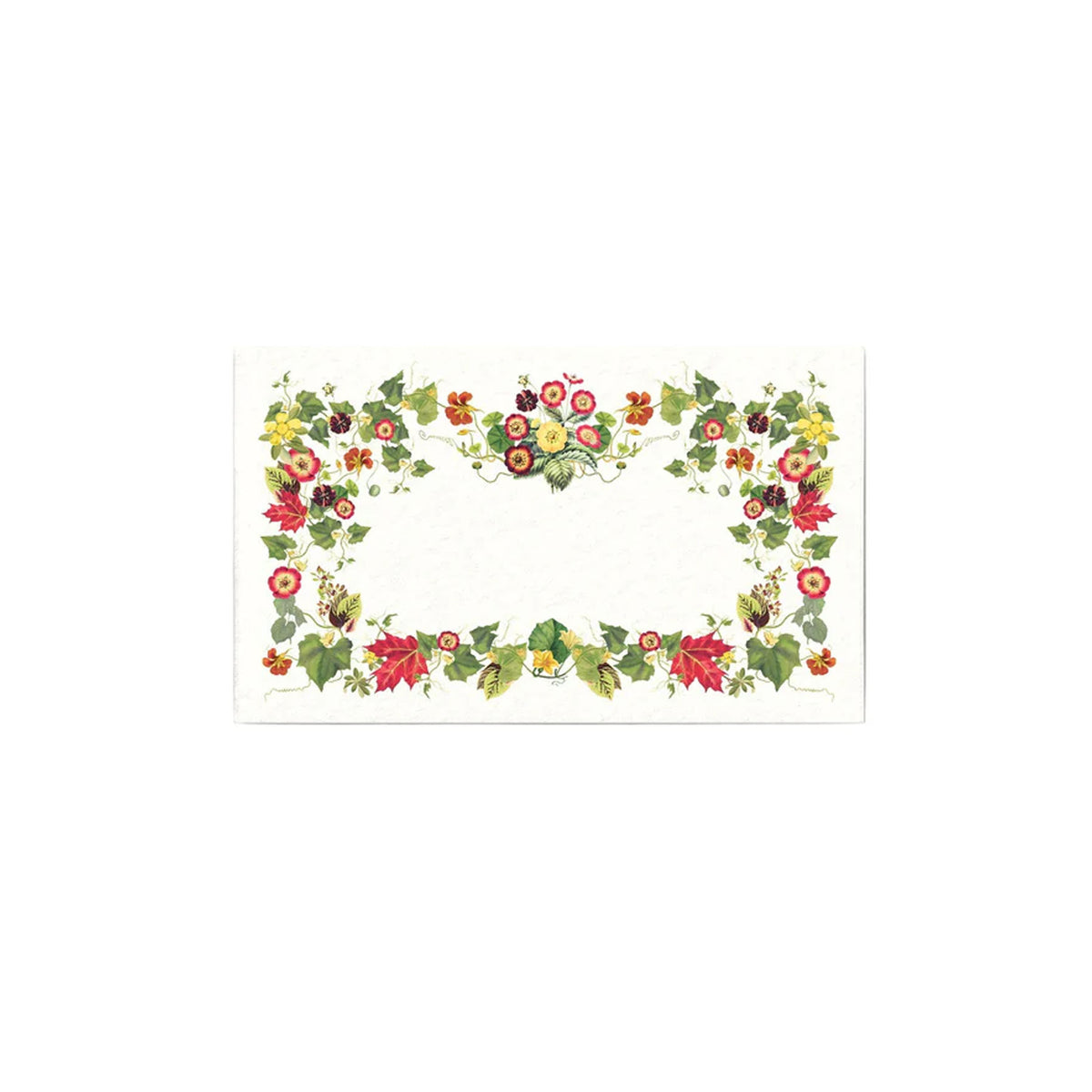 Flat top-down view of L’Automne place card showcasing an autumn floral border with a blank cream center on a white background