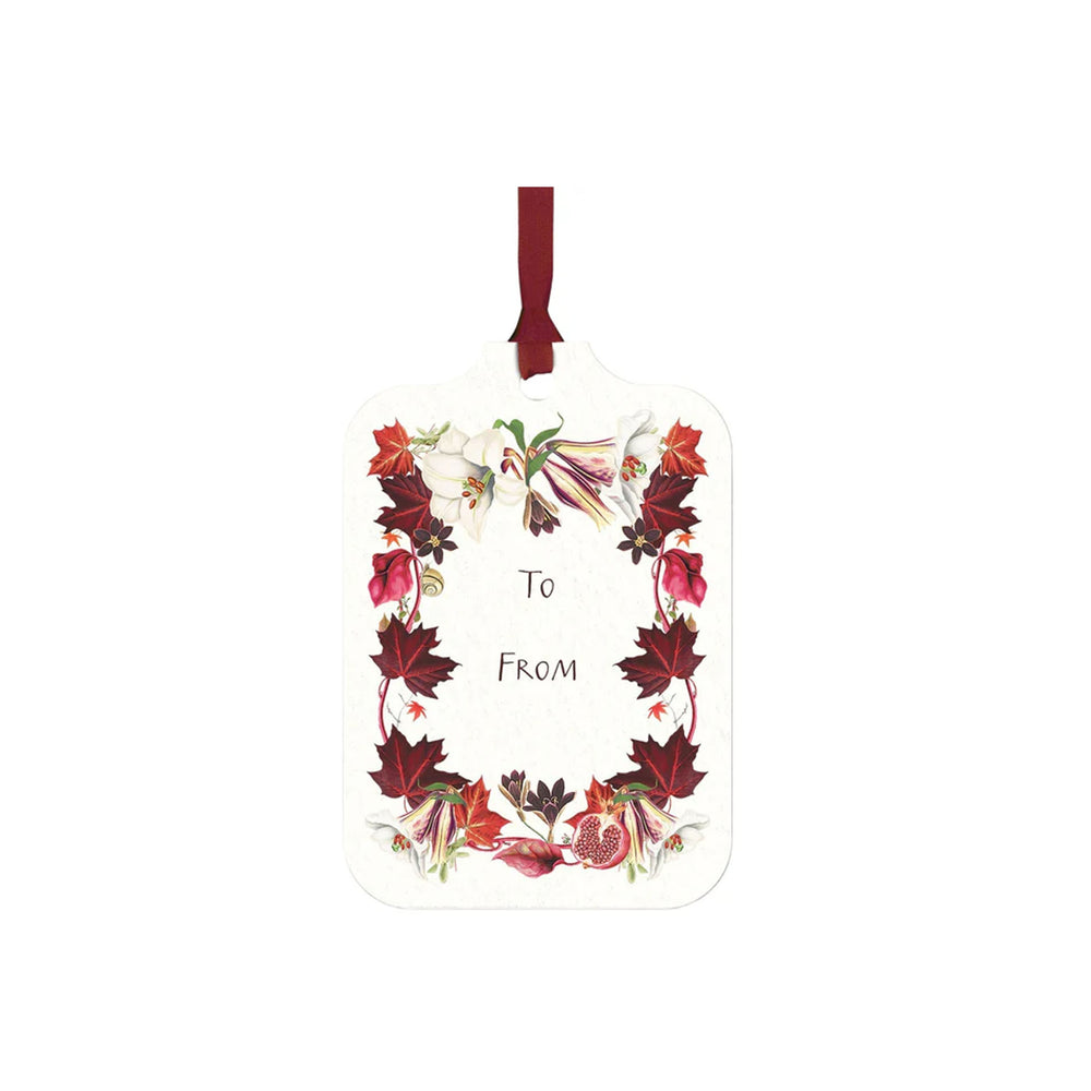 Front of Scarlet Maple gift tag showcasing scarlet leaf and lily border, centered To From text, burgundy ribbon on white