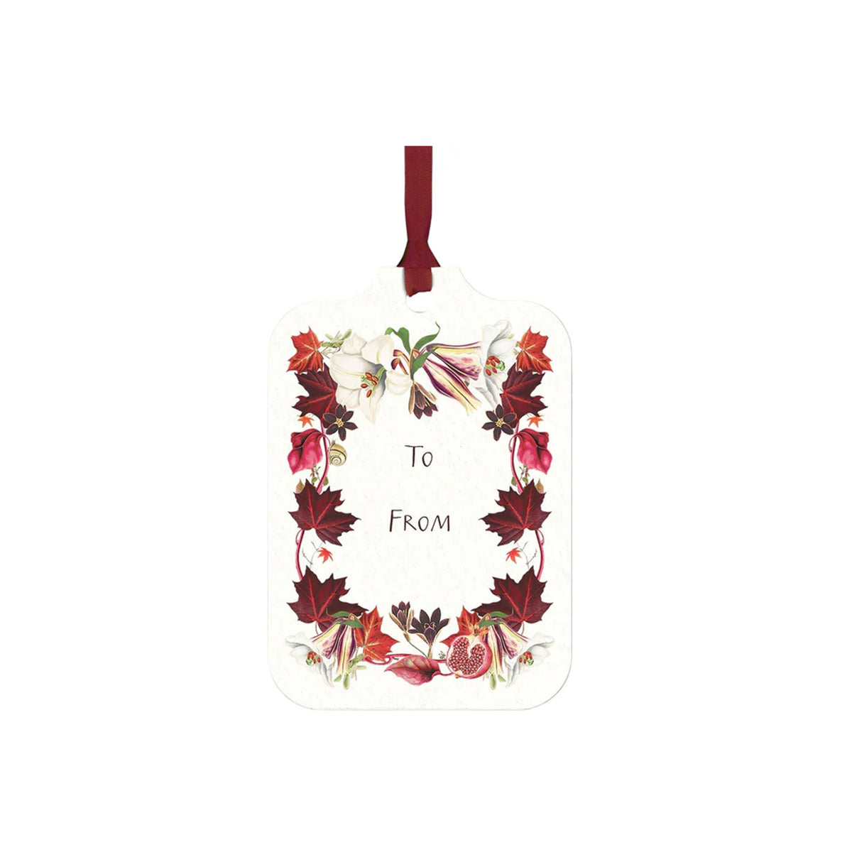 Front of Scarlet Maple gift tag showcasing scarlet leaf and lily border, centered To From text, burgundy ribbon on white