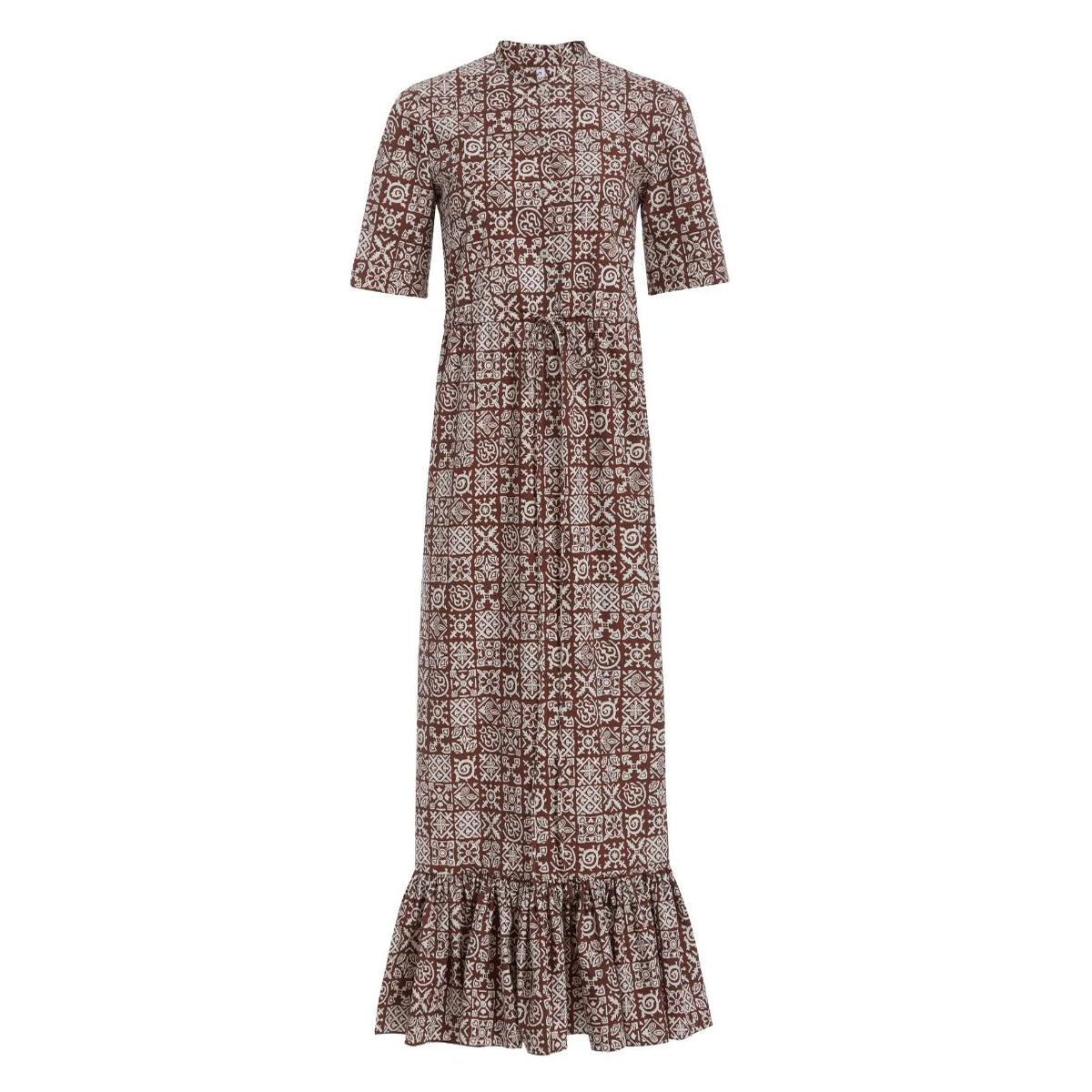 Short-Sleeve Shirt Dress in Brown with White Checkerboard