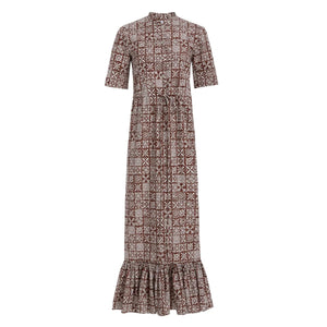 Short-Sleeve Shirt Dress in Brown with White Checkerboard