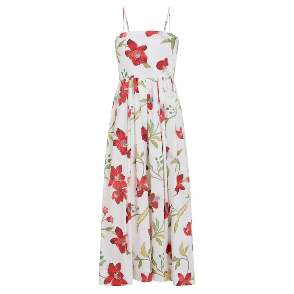 Skinny-Strap Poof Dress in Red Hibiscus