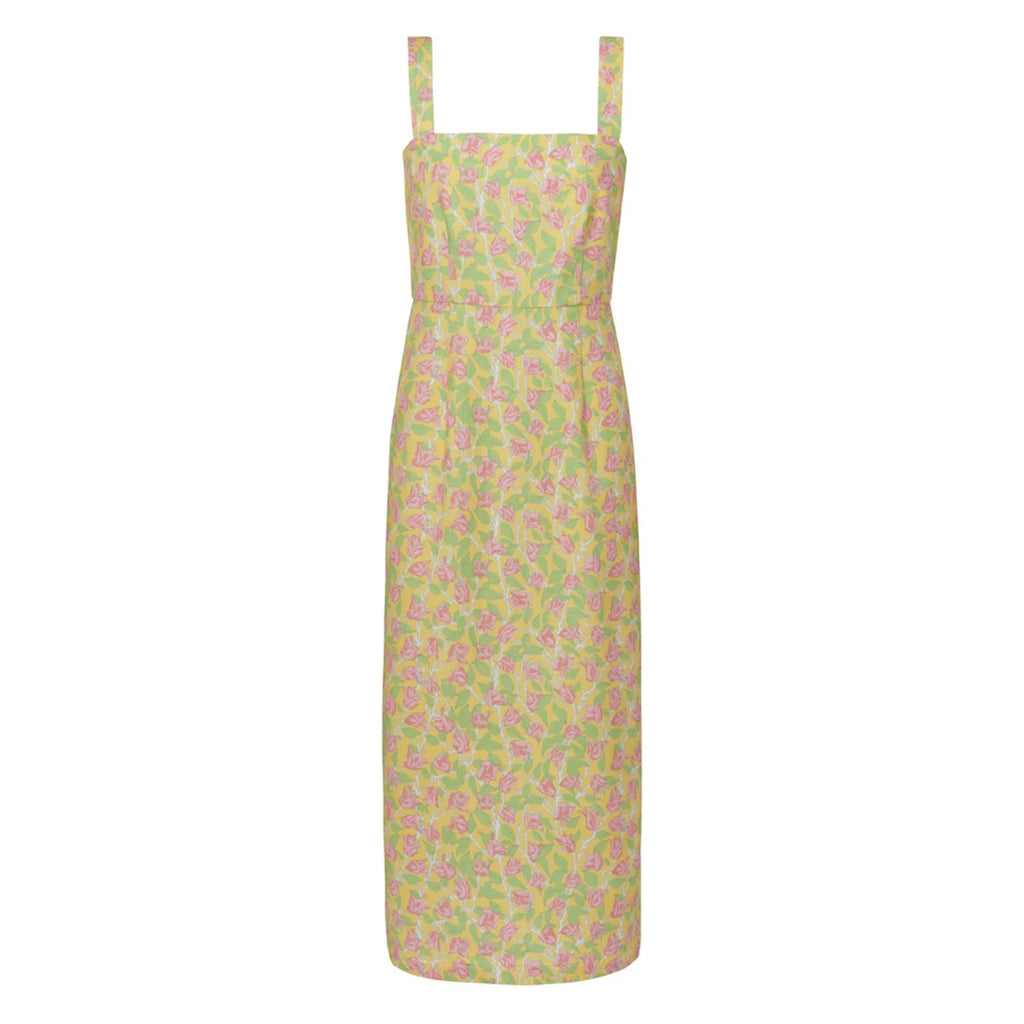 Long Slip Dress in Yellow with Pink Bougainvillea | Over The Moon Long Slip Dress in Yellow with Pink Bougainvillea | Over The Moon